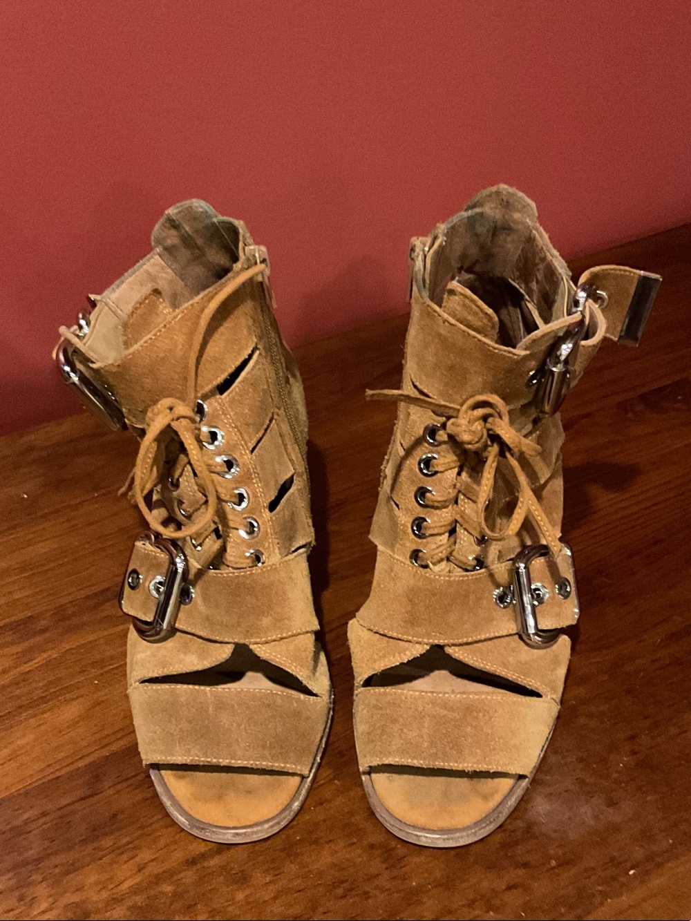 Jeffrey Campbell Tan Suede Lace-Up Peep-Toe Buckle Ankle Boots